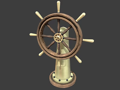 Vintage Wooden Ship Wheel Decorative Stand With Brass Center And Spokes 3d model