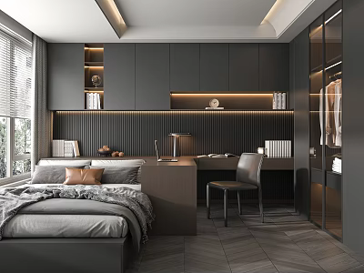 Modern Tatami Bedroom Interior Design With Tatami Bed Writing Desk And Ambient Lighting 3d model