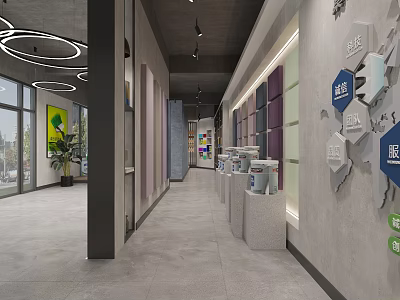 Modern Paint Showroom Interior With Hexagon Color Samples And Paint Cans 3d model