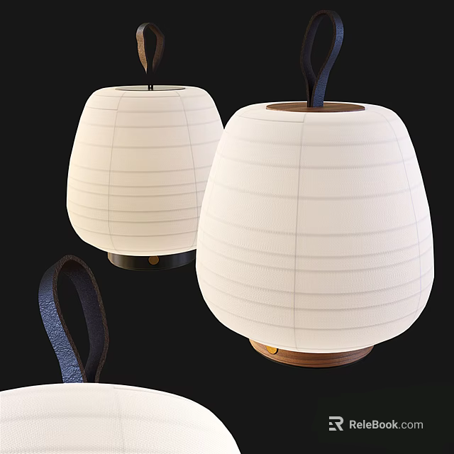 Minimalist Table Lamp With White Striped Shade Wooden Base And Black Handle 3d model 