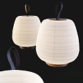 Minimalist Table Lamp With White Striped Shade Wooden Base And Black Handle