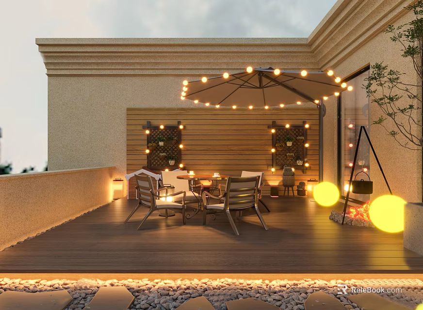 Cozy Rooftop Garden With Outdoor Furniture String Lights Wall Plant Decor And Wooden Flooring 3d model 