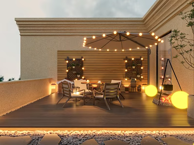 Cozy Rooftop Garden With Outdoor Furniture String Lights Wall Plant Decor And Wooden Flooring 3d model