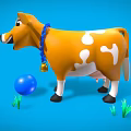 Cartoon Cow With Yellow White Spots Blue Rope Bell Blue Ball Green Grass Blue Background