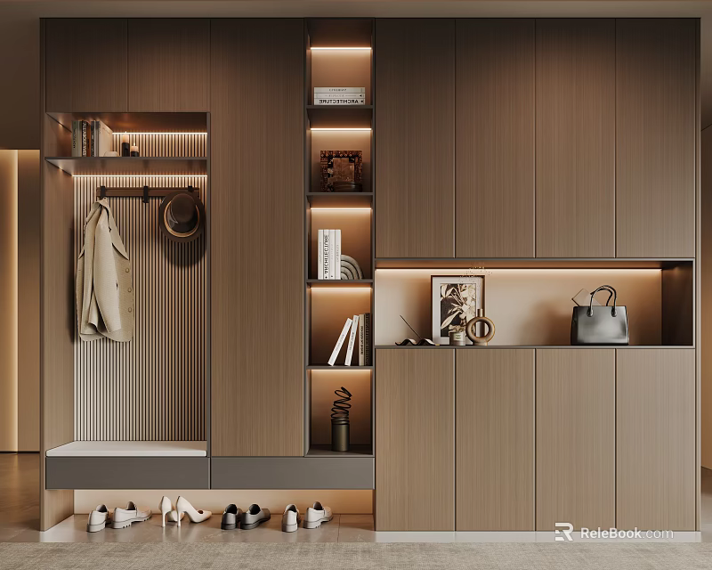 Modern Wooden Shoe Cabinet Interior Design With LED Lighting Storage Compartments And Hooks 3d model 
