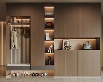 Modern Wooden Shoe Cabinet Interior Design With LED Lighting Storage Compartments And Hooks 3d model