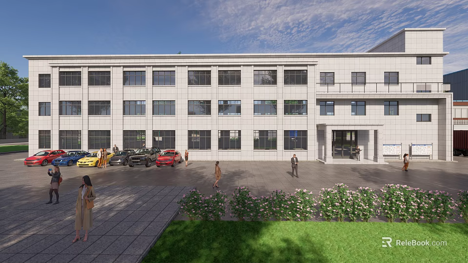 Modern White Office Building With Multiple Windows Parking Lot Green Lawn And Pedestrians 3d model 
