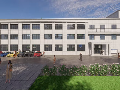 Modern White Office Building With Multiple Windows Parking Lot Green Lawn And Pedestrians 3d model