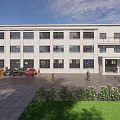 Modern White Office Building With Multiple Windows Parking Lot Green Lawn And Pedestrians