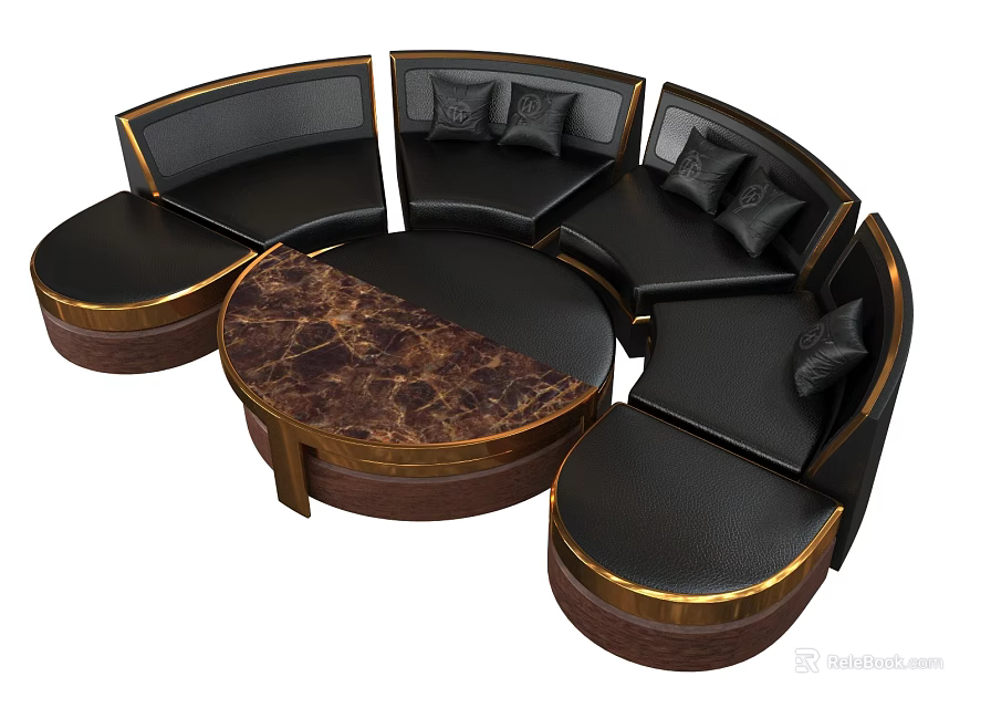 Elegant Black Leather Sectional Sofa with Circular Design Gold Accents and Marble Coffee Table 3d model 