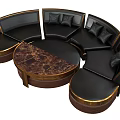 Elegant Black Leather Sectional Sofa with Circular Design Gold Accents and Marble Coffee Table
