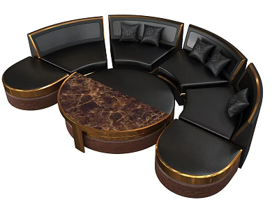 Elegant Black Leather Sectional Sofa with Circular Design Gold Accents and Marble Coffee Table 3d model