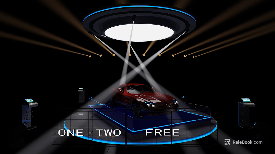 Red Car Exhibition Display With One Two Free And Lighting Effects 3d model 