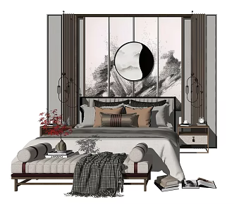 New Chinese background double bed background wall combination 3d model