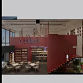 Stylish Café Interior Design With Red Walls Round Windows Pendant Lights And Wooden Seats
