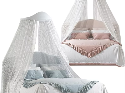 Cute Children's Bed With White Canopy And Soft Colorful Bedding Ruffle Details 3d model