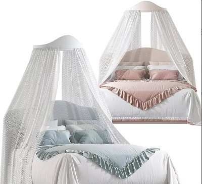 Cute Children's Bed With White Canopy And Soft Colorful Bedding Ruffle Details 3d model