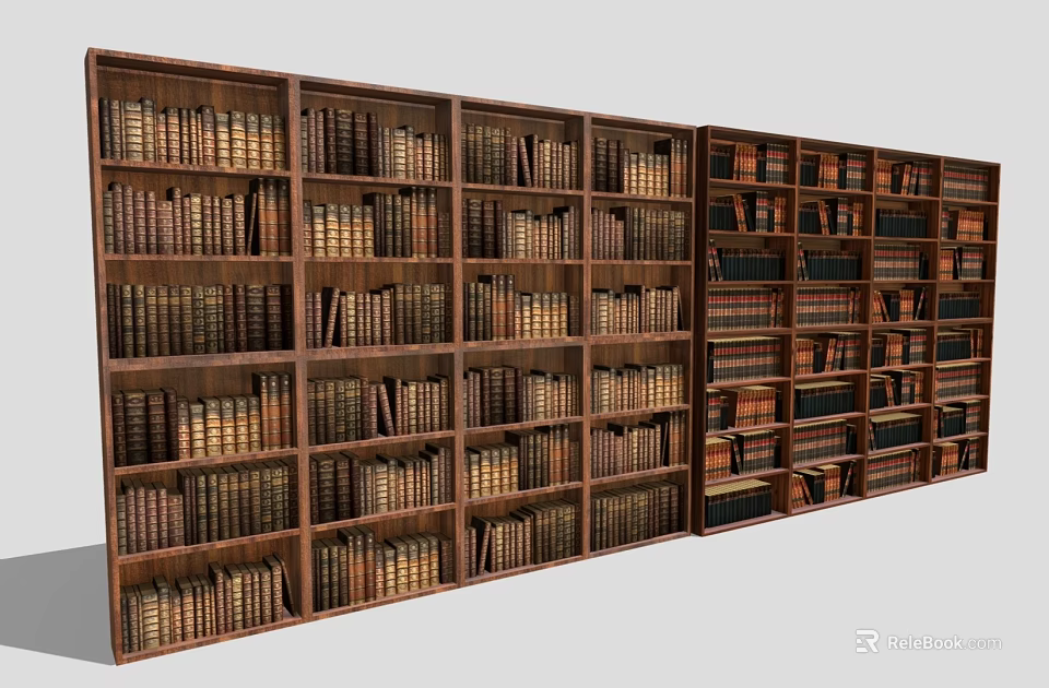 Large Wooden Bookcase With Multiple Shelves Filled With Various Books In Home Library 3d model 