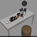 Stylish White Dressing Table With Round Mirror Cosmetics And Beige Stool 3d model