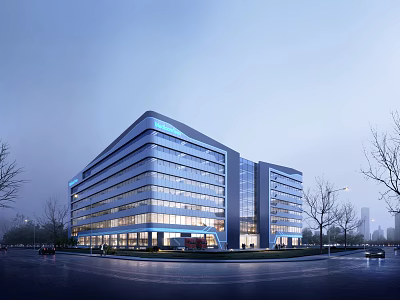 Modern Multi Story Office Building With Glass Curtain Walls Surrounding Trees And Urban Backdrop 3d model