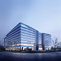Modern Multi Story Office Building With Glass Curtain Walls Surrounding Trees And Urban Backdrop