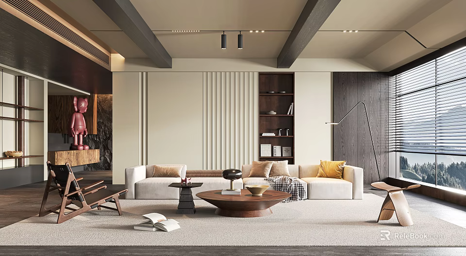 Modern Elegant Living Room Interior With Beige Sofa Wooden Coffee Table And Bookshelf 3d model 