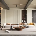 Modern Elegant Living Room Interior With Beige Sofa Wooden Coffee Table And Bookshelf