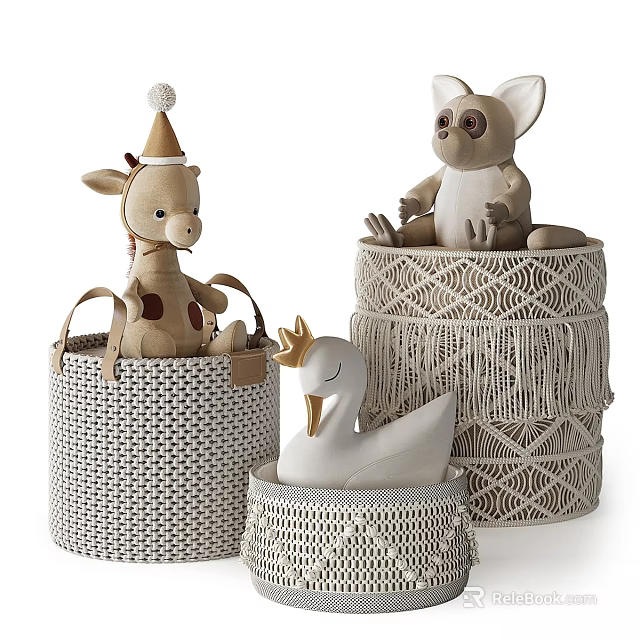 Adorable Plush Giraffe Swan and Big Eyed Dolls in Crocheted Baskets with Fringe Design 3d model 