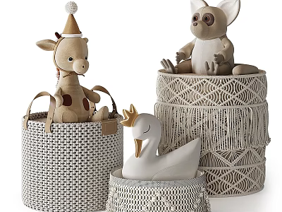 Adorable Plush Giraffe Swan and Big Eyed Dolls in Crocheted Baskets with Fringe Design 3d model