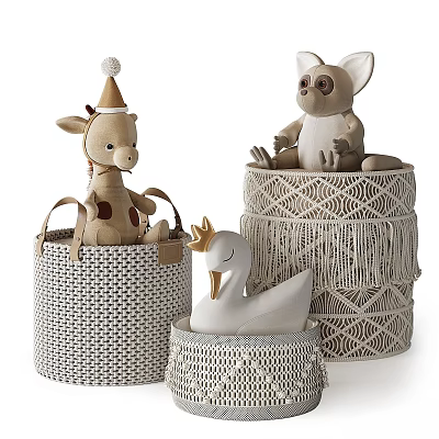 Adorable Plush Giraffe Swan and Big Eyed Dolls in Crocheted Baskets with Fringe Design 3d model
