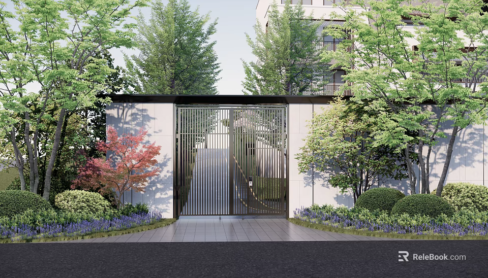 Modern Entrance Gate with Green Trees Bushes Purple Flowers and White Wall 3d model 