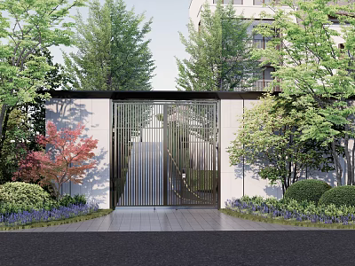 Modern Entrance Gate with Green Trees Bushes Purple Flowers and White Wall 3d model