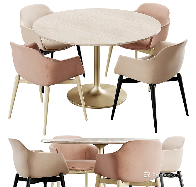 Modern Round Dining Table Set With Pink Beige Chairs And Metal Legs 3d model 