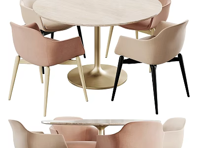 Modern Round Dining Table Set With Pink Beige Chairs And Metal Legs 3d model