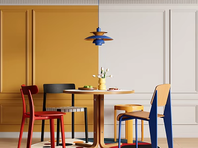 Colorful Dining Table Set With Red Black Yellow Blue Chairs Pendant Light And Fruits 3d model