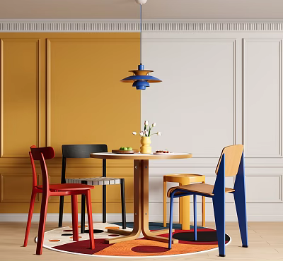 Colorful Dining Table Set With Red Black Yellow Blue Chairs Pendant Light And Fruits 3d model
