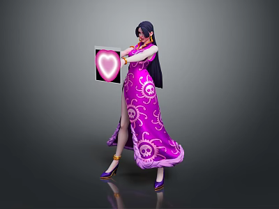 Elegant Female Character In Purple Dress With Skull Patterns Holding Heart Shaped Object 3d model