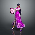 Elegant Female Character In Purple Dress With Skull Patterns Holding Heart Shaped Object