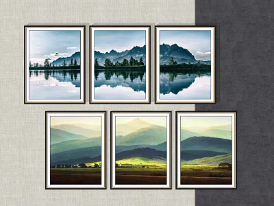 Six Framed Landscape Paintings Featuring Lake Mountain Reflections And Green Field Scenes 3d model
