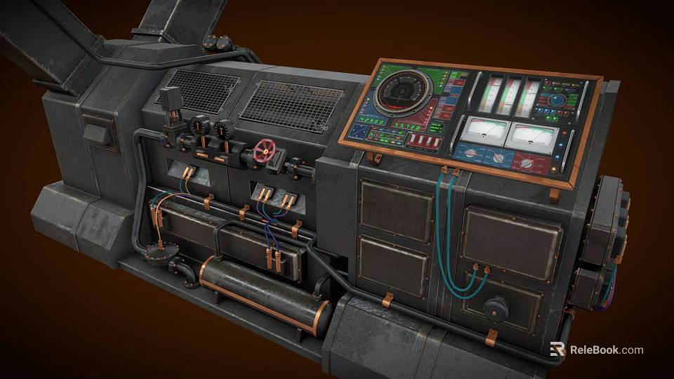Industrial Equipment Control Panel With Mechanical Components Pipes Gauges And Cables 3d model 