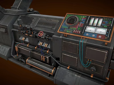 Industrial Equipment Control Panel With Mechanical Components Pipes Gauges And Cables 3d model