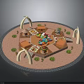 Circular Layout With Colorful Central Structure Small Pavilions White Arches Pink Ground And Green Plants