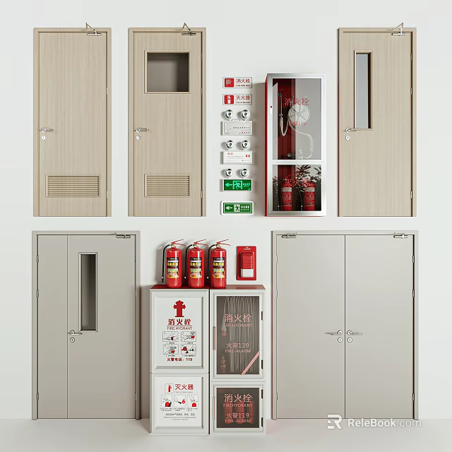 Fire Safety Equipment Collection With Extinguishers Hose Cabinets Exit Signs And Emergency Lights 3d model 