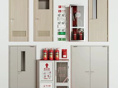 Fire Safety Equipment Collection With Extinguishers Hose Cabinets Exit Signs And Emergency Lights 3d model
