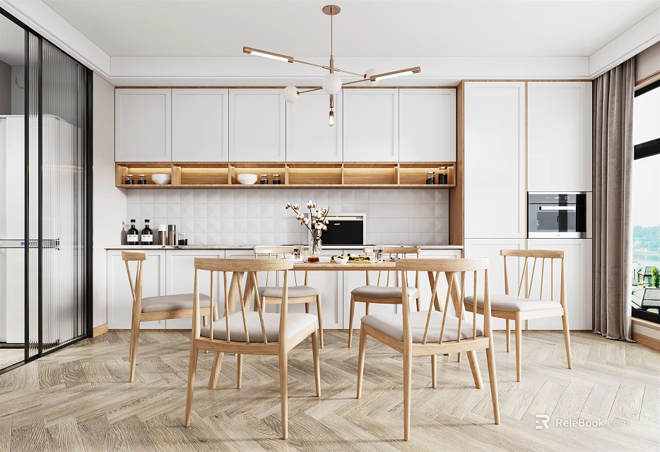 Minimalist Modern Restaurant Interior Design With Wooden Dining Table Chairs White Cabinets And Pendant Light 3d model 