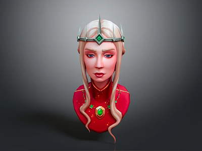 Woman 3D Model With Long Golden Hair Green Gem Crown Red Outfit 3d model