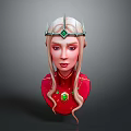 Woman 3D Model With Long Golden Hair Green Gem Crown Red Outfit