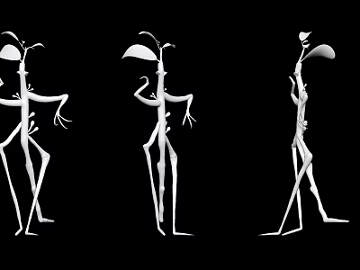 Slender White Game Movie Character with Large Eyes Slender Limbs Various Poses Black Background 3d model