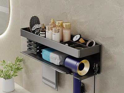 Modern Bathroom Wall Mounted Shelf With Toiletries Hair Dryer And Towel Storage 3d model