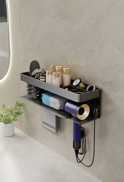Modern Bathroom Wall Mounted Shelf With Toiletries Hair Dryer And Towel Storage 3d model